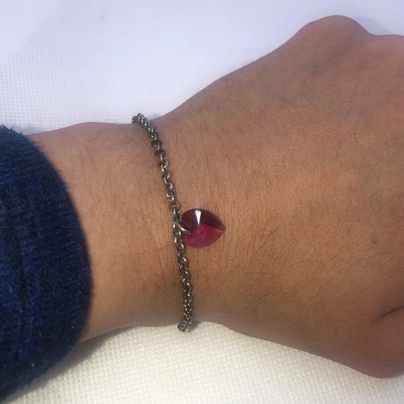 VINTAGE Sterling Silver Rolo Link Bracelet w Red Crystal Heart Charm 7.5” - Picture 4 of 7